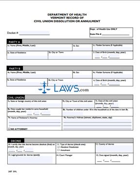 Department of Health Record of Civil Union Dissolution or Annulment