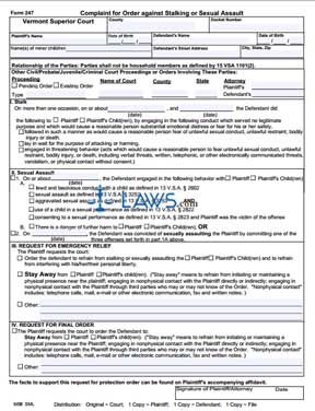 Complaint for Order Against Stalking or Sexual Assault