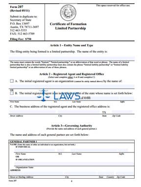 Form TX Certificate of Formation for a Limited Partnership