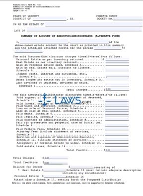 Summary of Account of Executor ~ Alternate Form