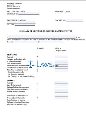 Summary of Account of Executor ~ without Schedules