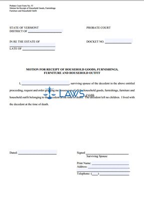 Motion for Receipt of Household Goods, Furnishings, Furniture, & Household Outfit