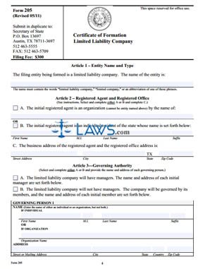 Form TX Certificate of Formation for a Limited Liability Company