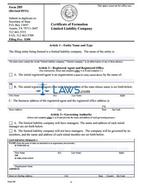 Form TX Certificate of Formation for a Limited Liability 