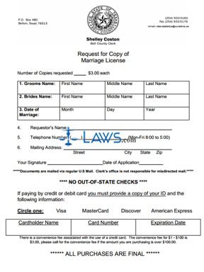 Form Request Form for Copy of Marriage License - Bell County