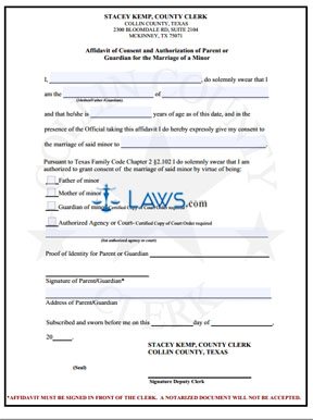Form Affidavit of Consent of Parent or Guardian for The Marriage of a Minor - Collin County