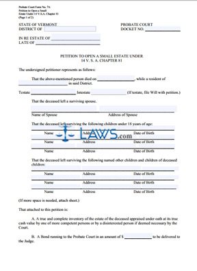 Petition to Open a Small Estate under 14 V.S.A.. Chapter 81