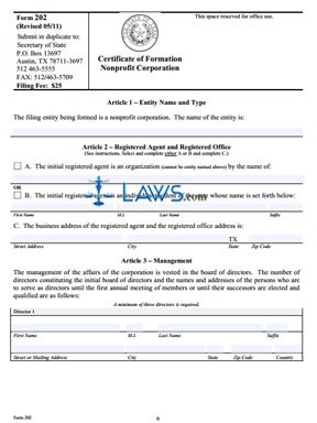 Form 202 Certificate of Formation for a Nonprofit Corporation 