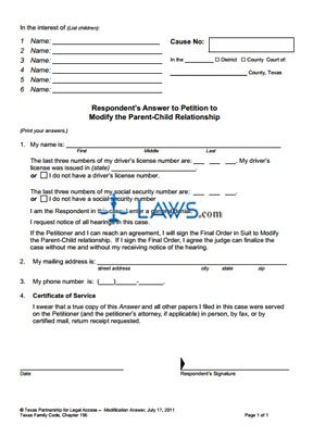Form Respondent’s Answer to Petition to Modify the Parent-Child Relationship