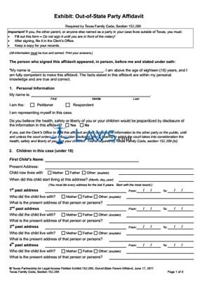 Form Modification Petitioner's Out of State Parent Affidavit