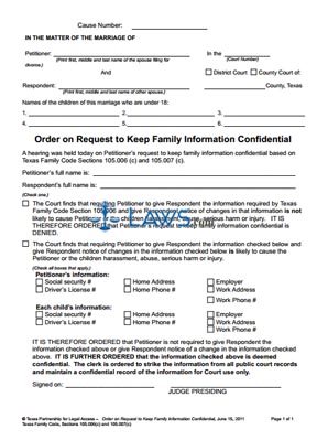 Form Order on Request to Keep Family Information Confidential