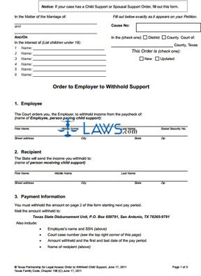 Form Order to Employer to Withhold Support