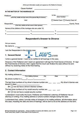 Form Respondent’s Answer to Divorce With Children