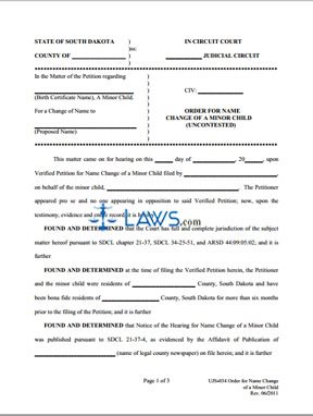 Form UJS-034 Order for Name Change of a Minor Child (Uncontested)