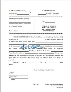 Form UJS-031 Notice of Hearing for Name Change of a Minor Child (Uncontested)