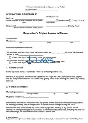 Form Respondent’s Original Answer to Divorce Without Children
