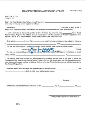 Form DIC-56 Breath Test Technical Supervisor Affidavit