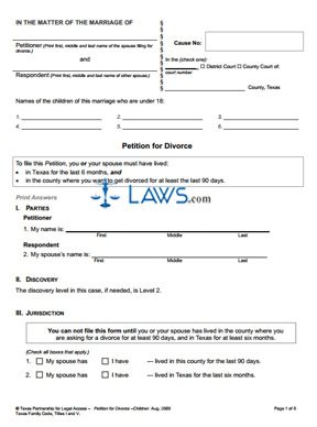Form Petition for Divorce (With Children) Texas