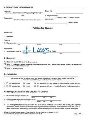 Form Petition for Divorce (Without Children) Texas