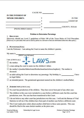 Form Petition to Determine Parentage