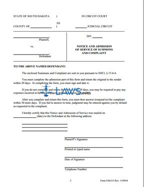 UJS 315 - Notice Admission of Service of Summons and Complaint
