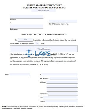 Free Notice Of Correction Of Signature Omission Form - Free Legal Forms 