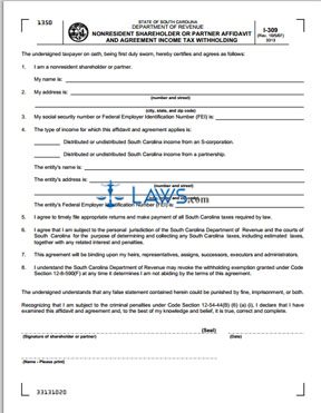 Form I-309 Nonresident Shareholder or Partner Affidavit and Agreement Income Tax Withholding