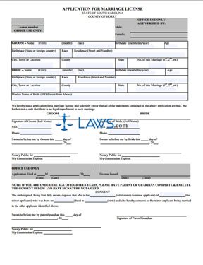 Form Application for Marriage License - Horry County