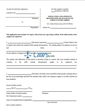 Form SCCA458A Application and Affidavit Registration of Out of State Child Custody Order