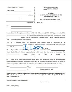 Form SCCA458B Registration of Out of State Child Custody Order
