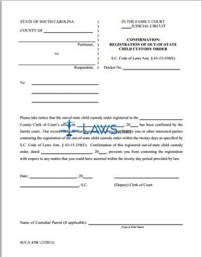 Form SCCA458C Confirmation: Registration of Out of State Child Custody Order