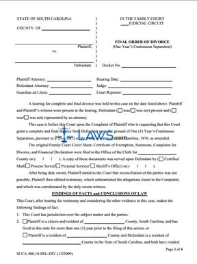Form SCCA 400.10 SRL-DIV Final Order of Divorce