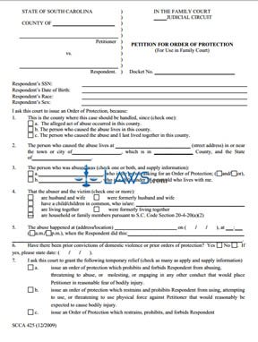 Form SCCA-425 Petition for Order of Protection (For Use in Family Court)