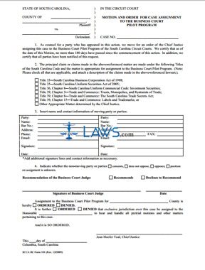 Order For Case Assignment To The Business Court Pilot Program