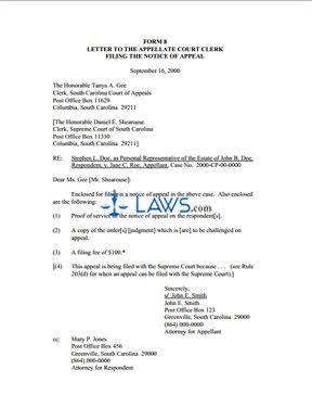 Form 8 - Letter to the Appellate Court Clerk Filing the Notice of Appeal