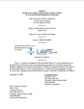 Form 5 - Notice of Appeal from the Family Court in a Juvenile Delinquency Matter