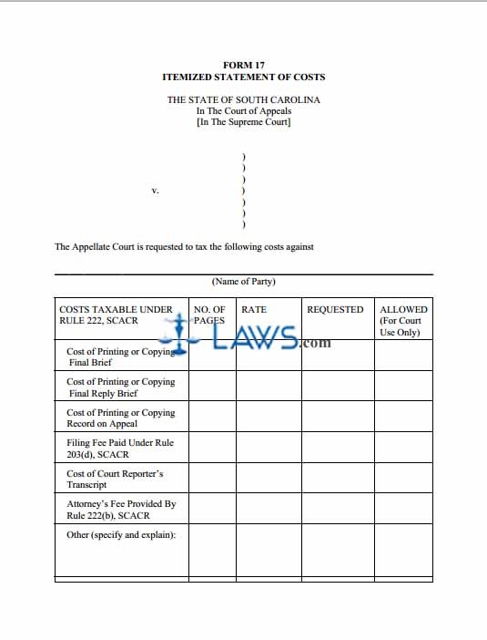 Form 17 - Itemized Statement of Costs
