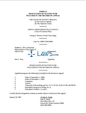 Form 14 - Designation of Matter to be Included in the Record on Appeal