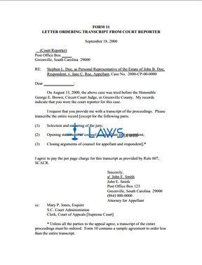 Form 11 - Letter Ordering Transcript from Court Reporter