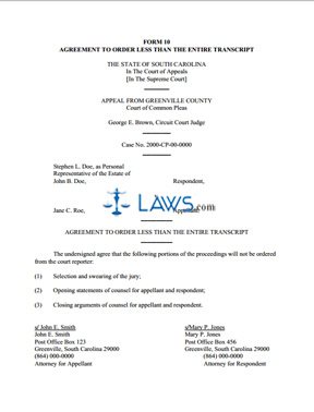 Form 10 - Agreement to Order Less Than the Entire Transcript