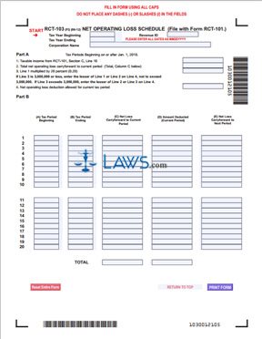 Form RCT-103 Net Operating Loss Schedule