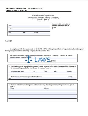 Form PA Certificate of Organization (LLC)