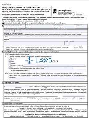 Form DL-16LC Acknowledgement of Suspension/Revocation/Disqualification as Required Under Section 1541 of the Vehicle Code