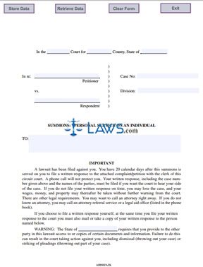 Form Summons Personal Service on an Individual