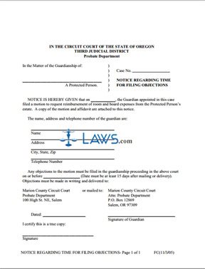 Form Notice Regarding TIme for Filling Objections