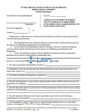 Form Affidavit in Support of Application for Indigent Guardianship Funds or Fee Waiver