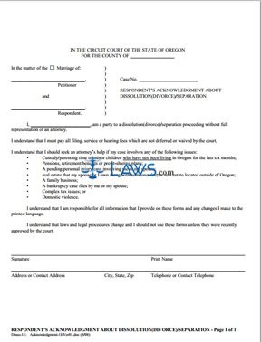 Form Respondent’s Acknowledgment About Dissolution (Divorce)/Separation (1E) 