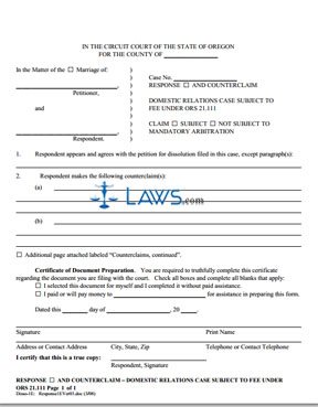 Form Response and Counterclaim – Domestic Relations Case Subject To Fee under ORS 21.111 (1E) 