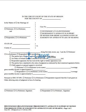Form Petitioner’s Co-Petitioners’ Respondent’s Affidavit In Support Of Motion for Order of Entry of Judgment on Affidavit in Lieu of Hearing (1C)