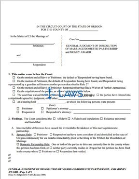 Form General Judgment of Dissolution of Marriage/Domestic Partnership; and Money Award (1C)